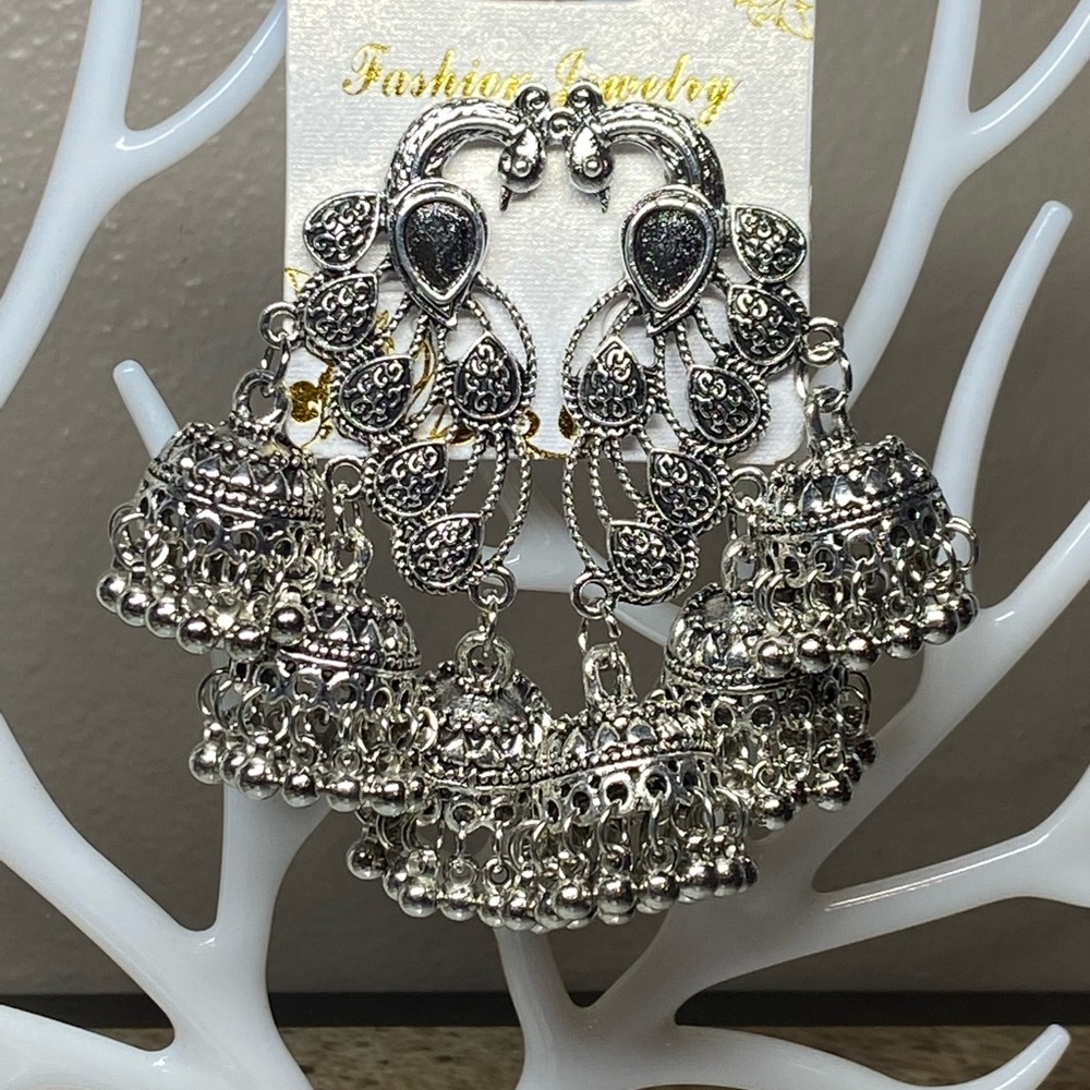 Silver peacock Jhumka earrings